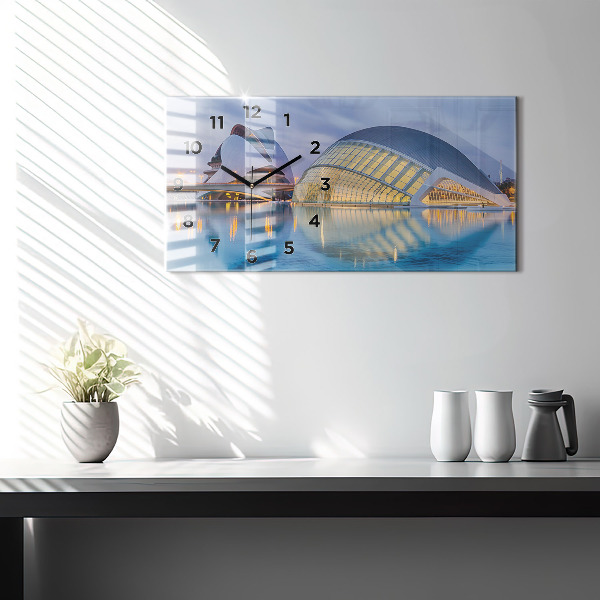 Horizontální skleněné hodiny na stěnu Západ slunce ve městě