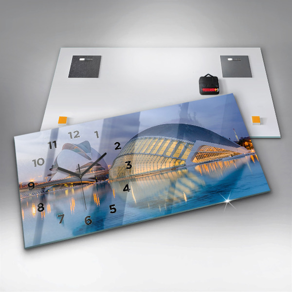 Horizontální skleněné hodiny na stěnu Západ slunce ve městě