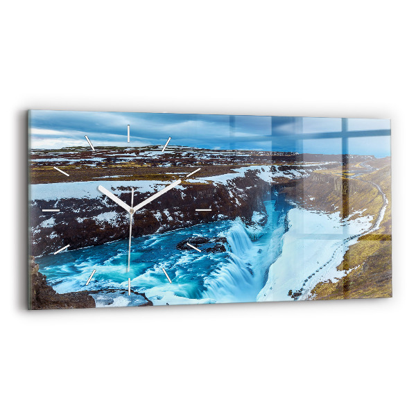 Horizontální hodiny na skle Vodopád Gullfoss na Islandu