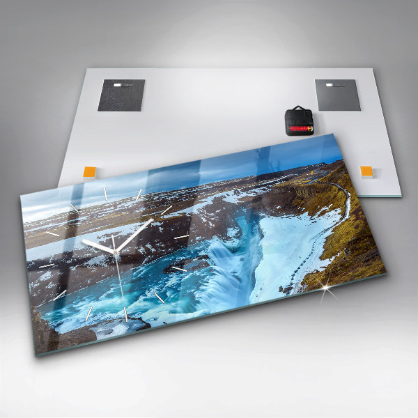 Horizontální hodiny na skle Vodopád Gullfoss na Islandu