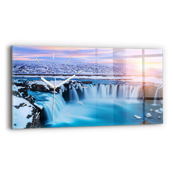 Horizontální hodiny na skle Vodopád Godafoss Island