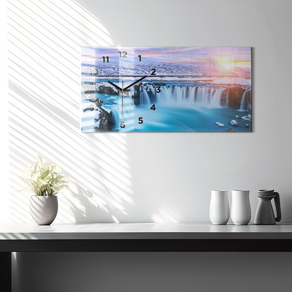 Horizontální hodiny na skle Vodopád Godafoss Island