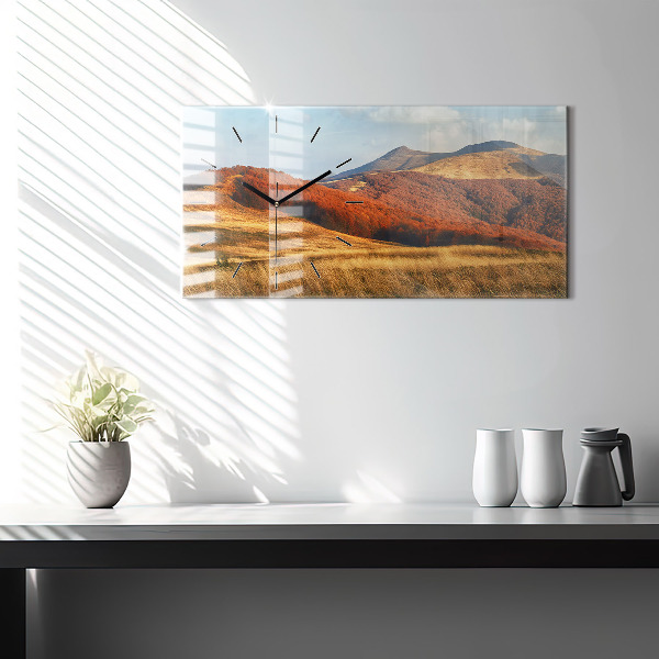 Horizontální skleněné hodiny na stěnu Horská krajina na podzim