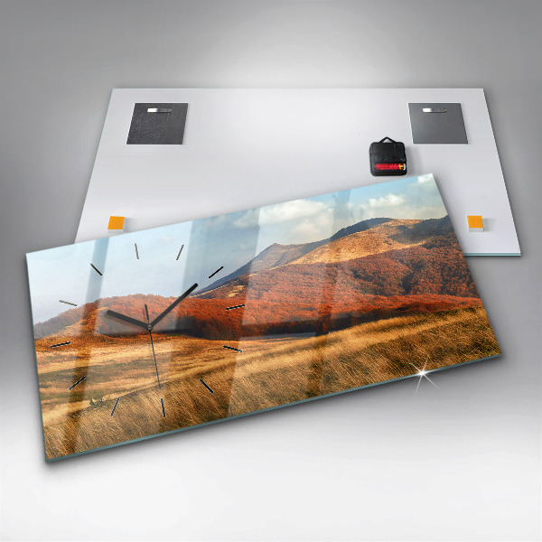 Horizontální skleněné hodiny na stěnu Horská krajina na podzim