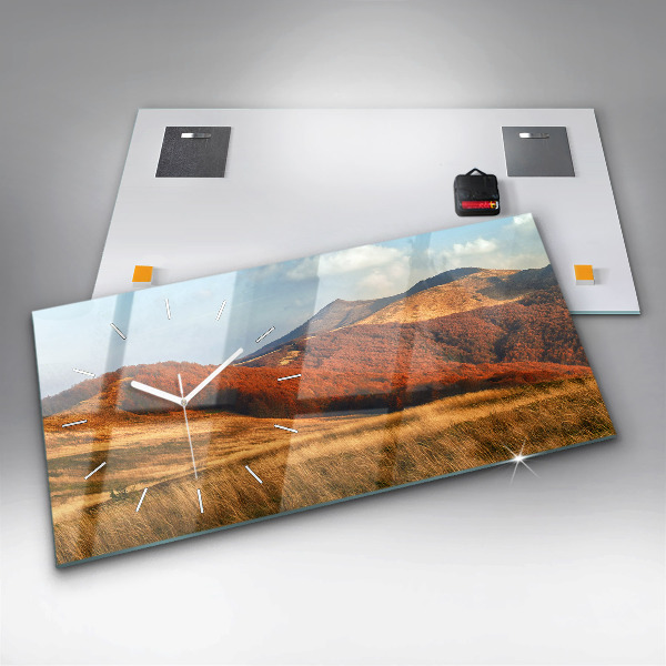 Horizontální skleněné hodiny na stěnu Horská krajina na podzim