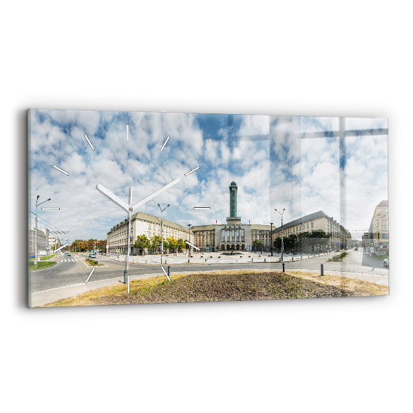Horizontální skleněné hodiny na stěnu Panorama Ostravy