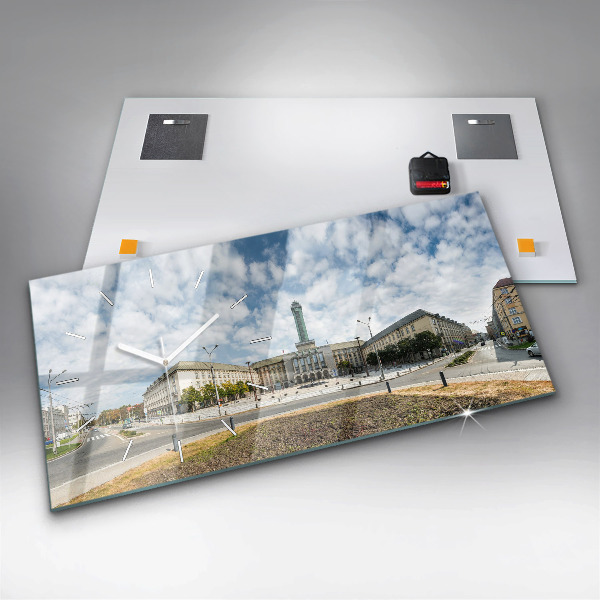 Horizontální skleněné hodiny na stěnu Panorama Ostravy