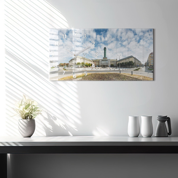 Horizontální skleněné hodiny na stěnu Panorama Ostravy