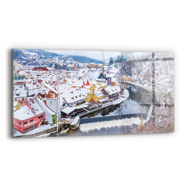 Horizontální hodiny na skle Panorama města v zimě
