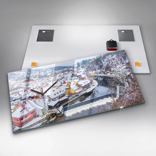 Horizontální hodiny na skle Panorama města v zimě