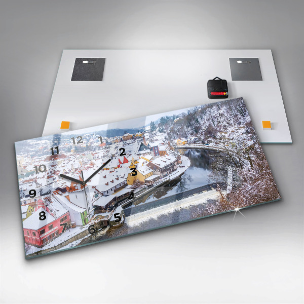 Horizontální hodiny na skle Panorama města v zimě