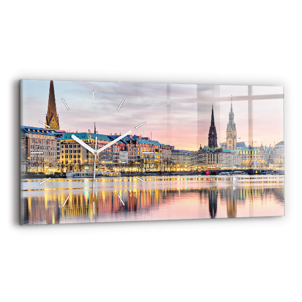Horizontální hodiny na skle Alster v Hamburku