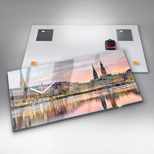Horizontální hodiny na skle Alster v Hamburku