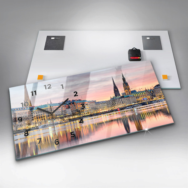 Horizontální hodiny na skle Alster v Hamburku