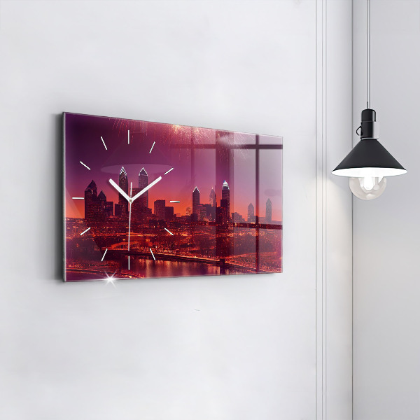 Horizontální skleněné hodiny na stěnu Noční město ve Filadelfii