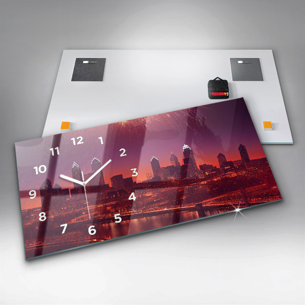 Horizontální skleněné hodiny na stěnu Noční město ve Filadelfii