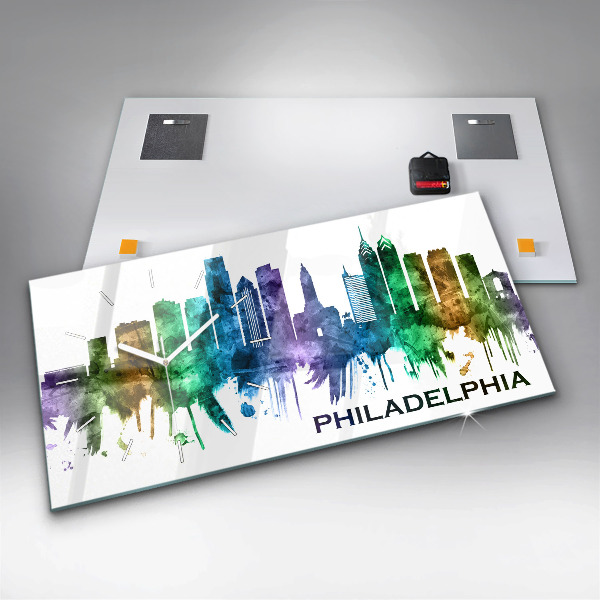 Horizontální skleněné hodiny na stěnu Barevná Filadelfie