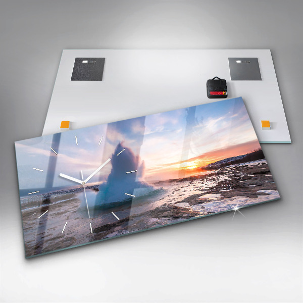 Horizontální hodiny na skle Gejzír na ostrově Island