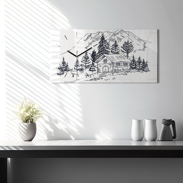 Horizontální hodiny na skle Kreslené město