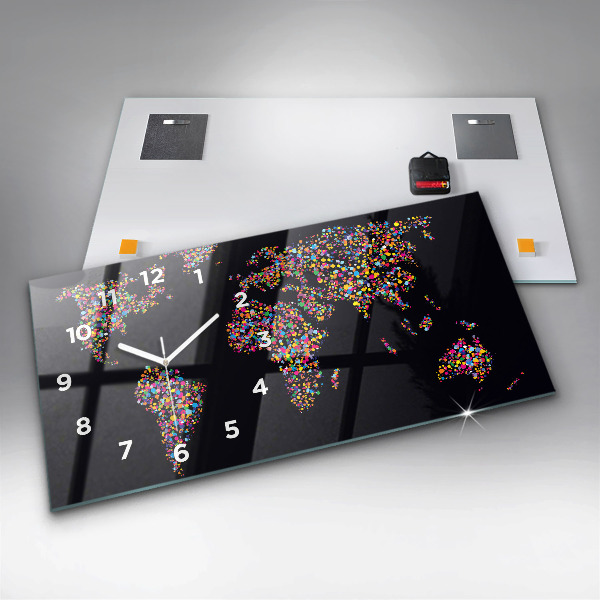 Horizontální hodiny na skle Mapa světa z teček