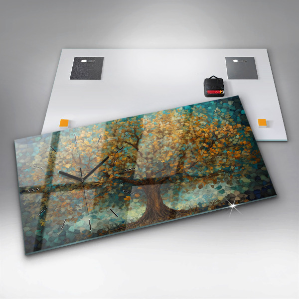 Horizontální skleněné hodiny na stěnu Mozaikový strom