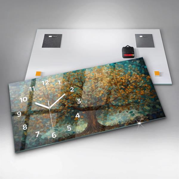 Horizontální skleněné hodiny na stěnu Mozaikový strom
