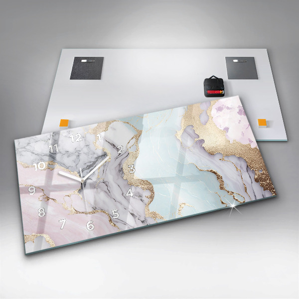 Horizontální skleněné hodiny na stěnu Mramor