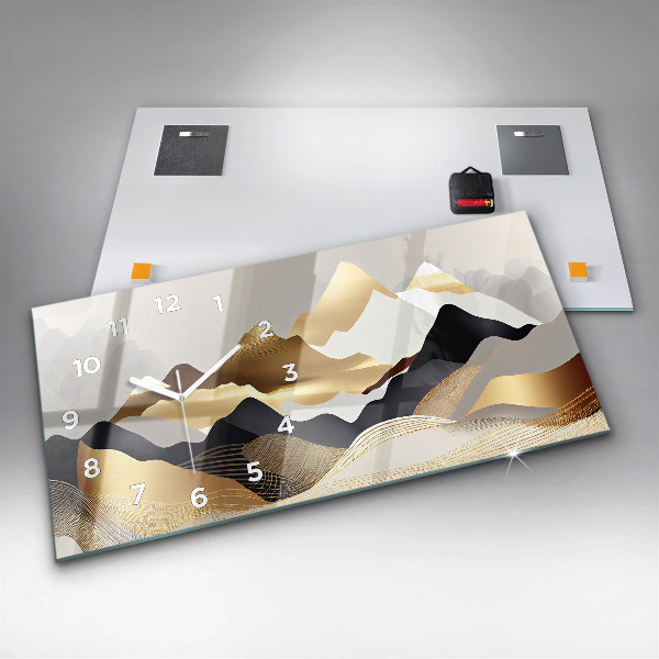 Horizontální skleněné hodiny na stěnu Abstraktní zlaté hory