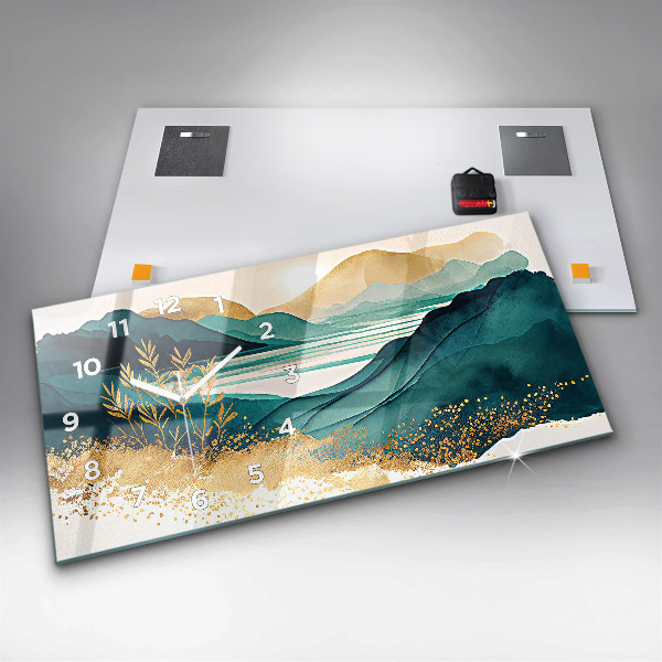 Horizontální skleněné hodiny na stěnu Horská krajina