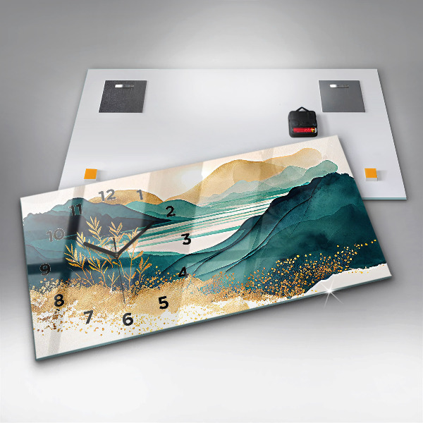 Horizontální skleněné hodiny na stěnu Horská krajina