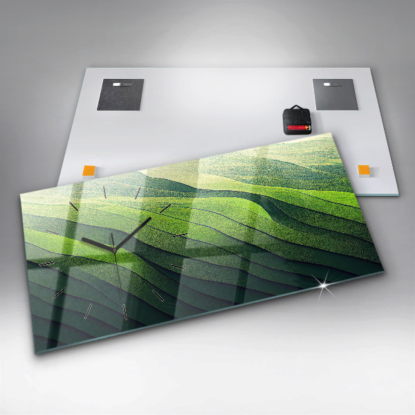 Horizontální skleněné hodiny na stěnu Abstraktní zelená pole
