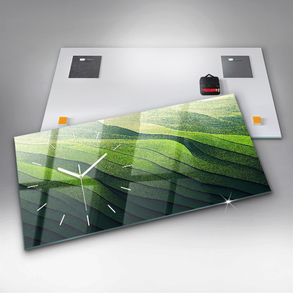 Horizontální skleněné hodiny na stěnu Abstraktní zelená pole