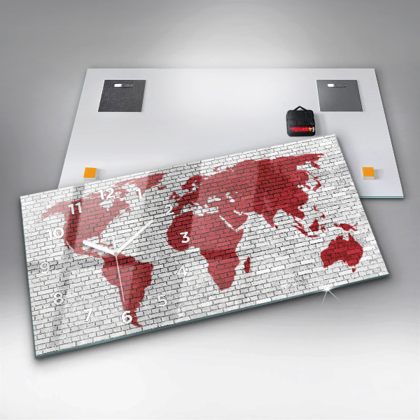 Horizontální skleněné hodiny na stěnu Cihlová zeď Mapa světa