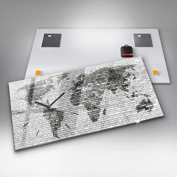 Horizontální skleněné hodiny na stěnu Cihlová zeď Mapa světa