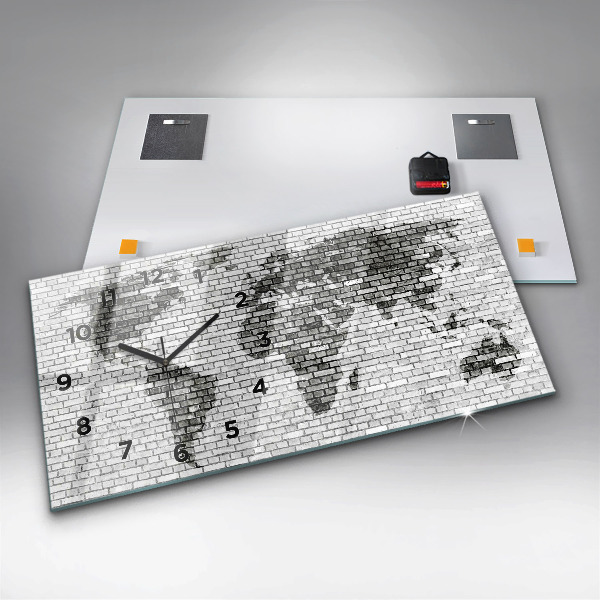 Horizontální skleněné hodiny na stěnu Cihlová zeď Mapa světa