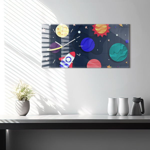Horizontální skleněné hodiny na stěnu Dětský vesmír