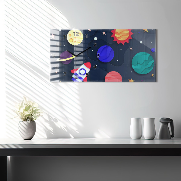 Horizontální skleněné hodiny na stěnu Dětský vesmír