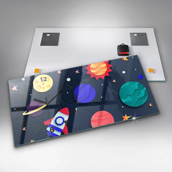 Horizontální skleněné hodiny na stěnu Dětský vesmír