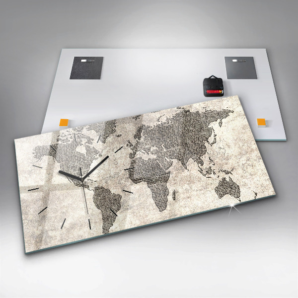 Horizontální skleněné hodiny na stěnu Noviny s mapou světa