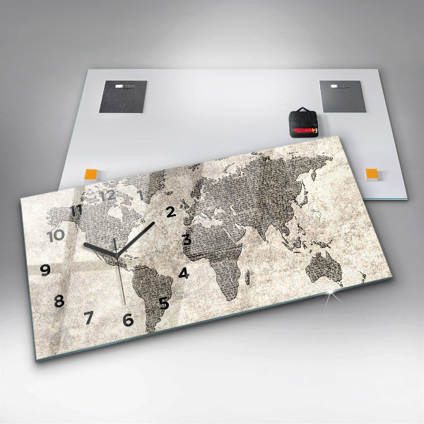 Horizontální skleněné hodiny na stěnu Noviny s mapou světa