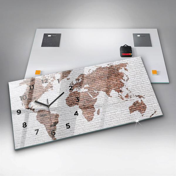 Horizontální skleněné hodiny na stěnu Cihlová mapa světa