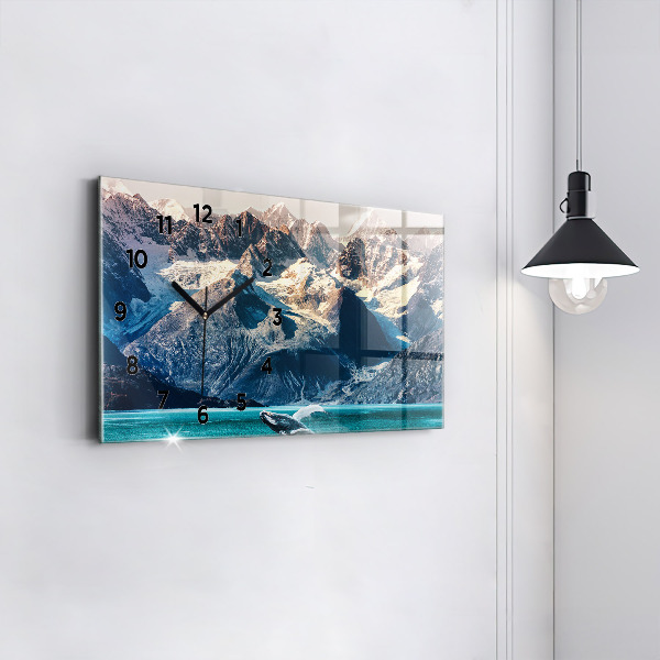 Horizontální skleněné hodiny na stěnu Velryba ve vodě