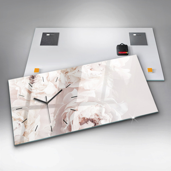 Horizontální skleněné hodiny na stěnu Květy pivoňky