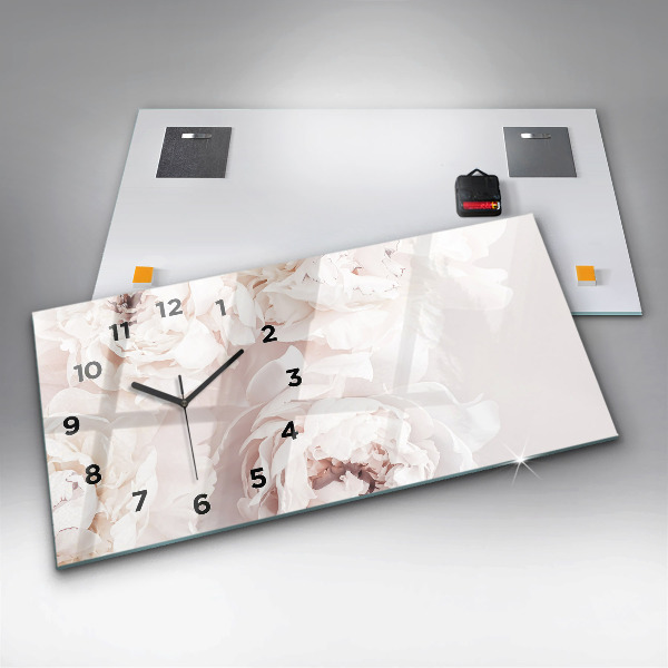 Horizontální skleněné hodiny na stěnu Květy pivoňky