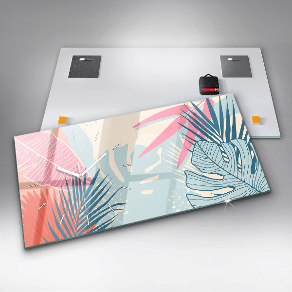 Horizontální skleněné hodiny na stěnu Pastelové listy