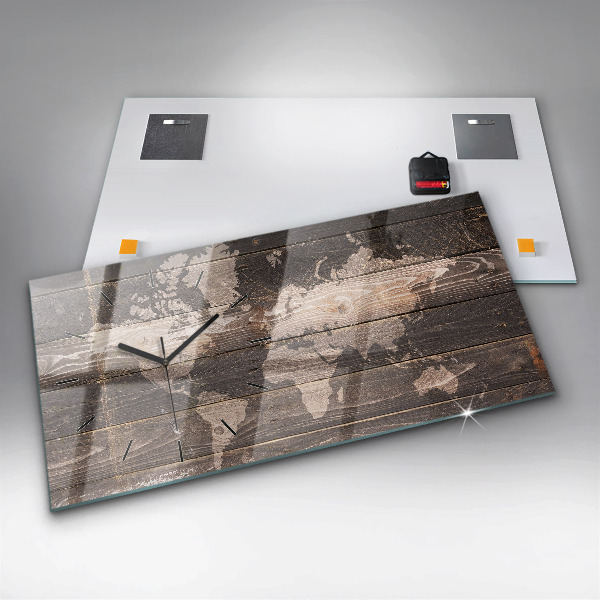 Horizontální skleněné hodiny na stěnu Mapa světa na dřevě