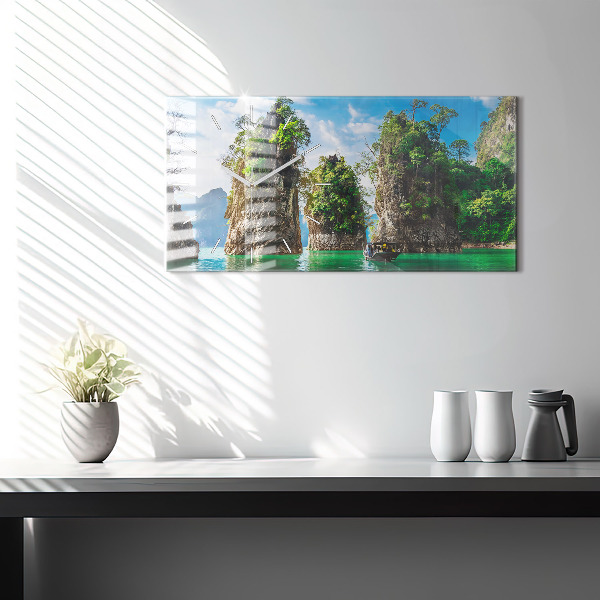 Horizontální skleněné hodiny na stěnu Jezero přírodních stromů