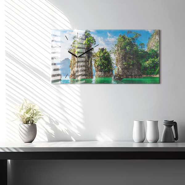 Horizontální skleněné hodiny na stěnu Jezero přírodních stromů