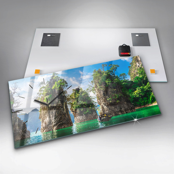 Horizontální skleněné hodiny na stěnu Jezero přírodních stromů