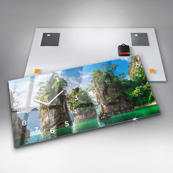 Horizontální skleněné hodiny na stěnu Jezero přírodních stromů